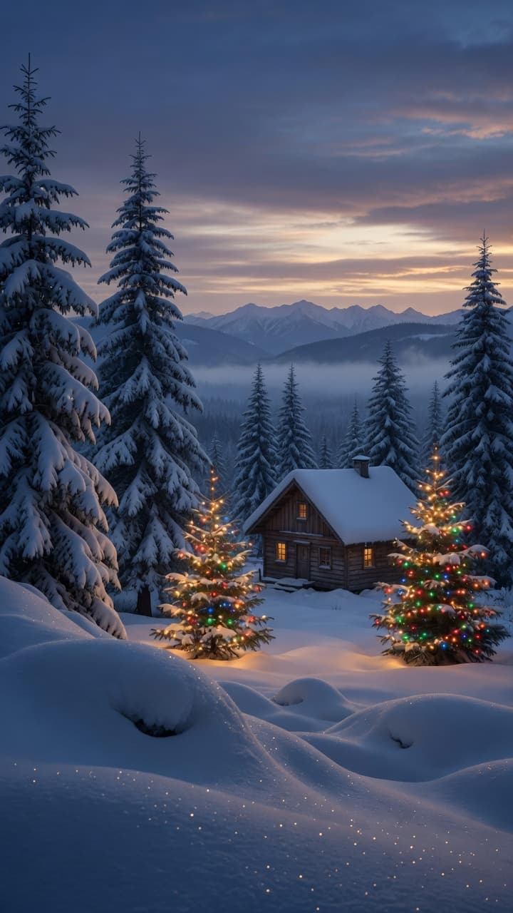 Snowy high-country cabin at dusk